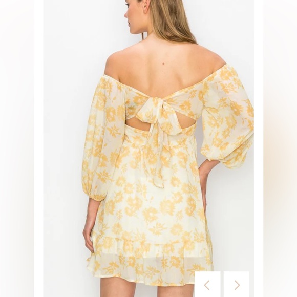 YELLOW AND WHITE OFF SHOULDER TIE BACK FLORAL SPRING MINI DRESS (medium) tags - Picture 2 of 16